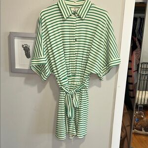 Green & White Striped Tie-Waist Shirt Romper